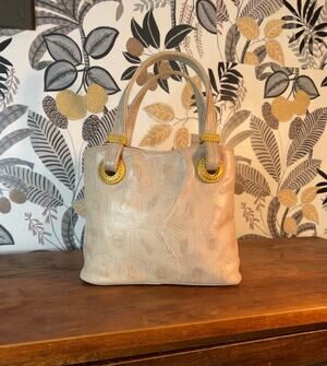 Paolo Masi Ivory Embossed Leather Tote Handbag  Gold Hardware Made in Italy